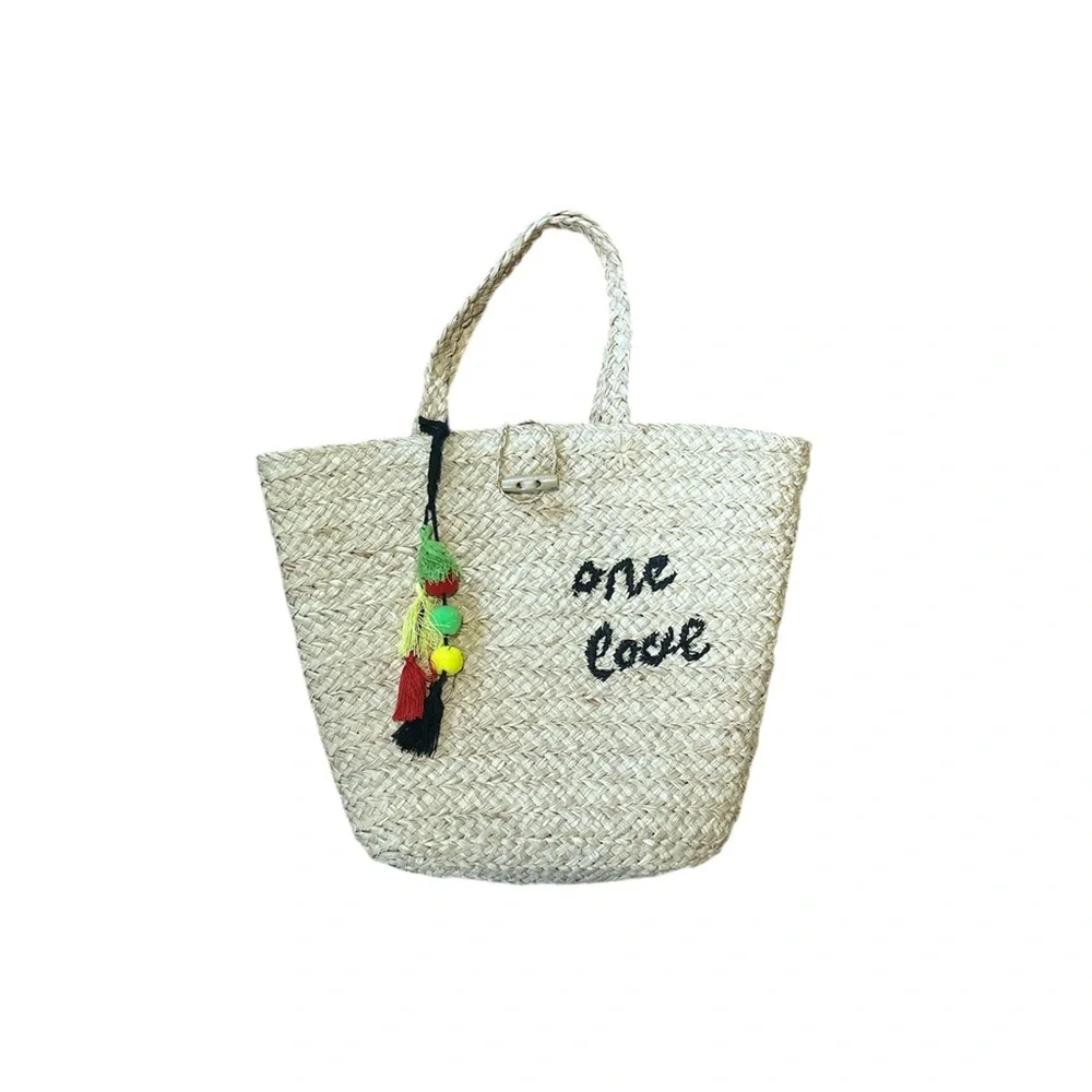 Hat Attack ‘one love’ Bob Marley Natural‎ Straw Tote with Black Embroidery